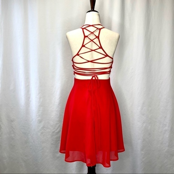 Lulu’s bright red chiffon lace-up back fit and flare mini dress S - Picture 9 of 11